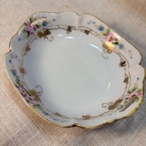 Antique‎ Hand Painted Nippon Porcelain Floral Trinket Dish Gold Gilt Scalloped